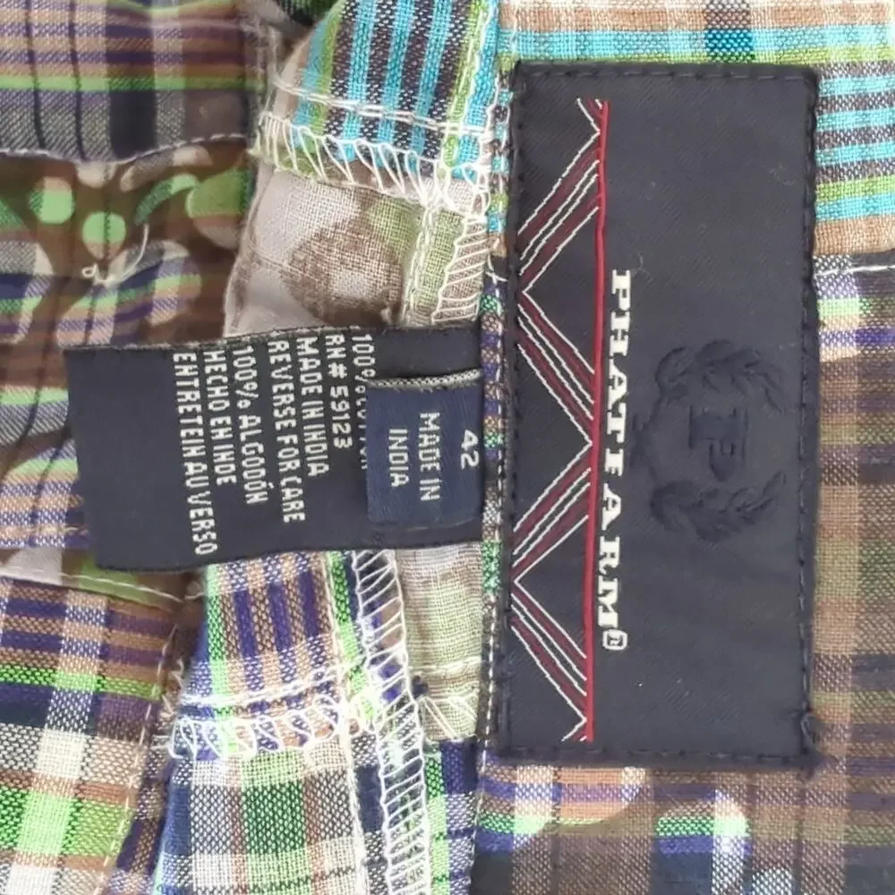 Vintage Y2K 90s Phat Farm Plaid Patchwork Mens Cargo Shorts 42 Blue Cotton Retro